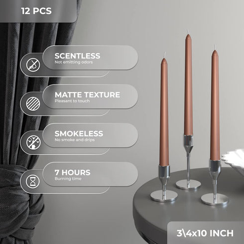CANDWAX 10 inch Taper Candle Sticks Long Burning Set of 12 - Dripless Dinner Candles for Table Look Like Matte Metallic Candles and are Ideal for Any Occasion - Brown Glitter Taper Candles