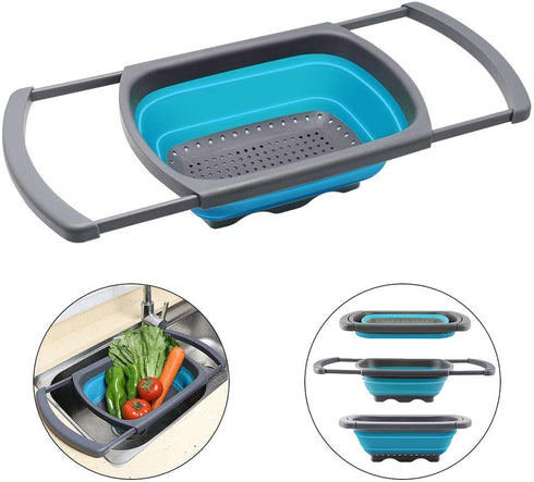 Qimh Colander Collapsible, Colander Strainer Over the Sink Food Colanders Strainers with Extendable Handles, 6-Quart, Dishwasher-Safe Kitchen Folding Strainer for Pasta, Veggies and Fruits