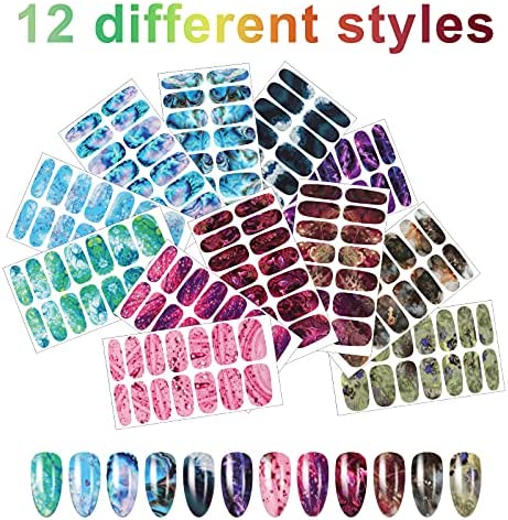 168 Pieces 12 Sheets Full Wrap Nail Polish Stickers Self Adhesive Glitter Gradient Marble Color Street Nail Decal Strips with Glass Nail File for Women Girls DIY Nail Craft (Abstract Style)