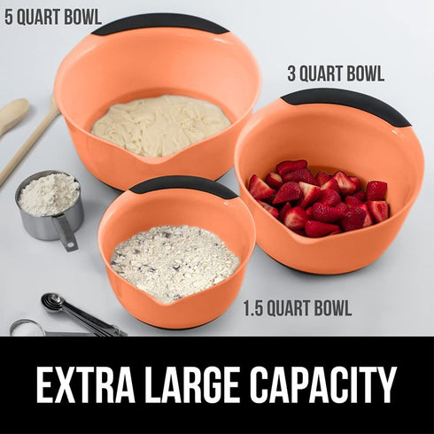 Gorilla Grip Mixing Bowls Set of 3, Slip Resistant Rubber Bottom, Nesting Baking Bowl, Soft Handle, Easy Pour Spout, Electric Mixer and Dishwasher Safe, Kitchen Essentials, 5, 3 and 1.5 QT, Sherbet