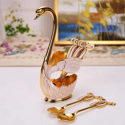 Metal Coffee Dessert Spoon Set, Fruit Dessert Flatware Swan Base Holder Spoon Organizer with 6pcs Coffee Dessert Sugar Ice Cream Spoon (Gold)
