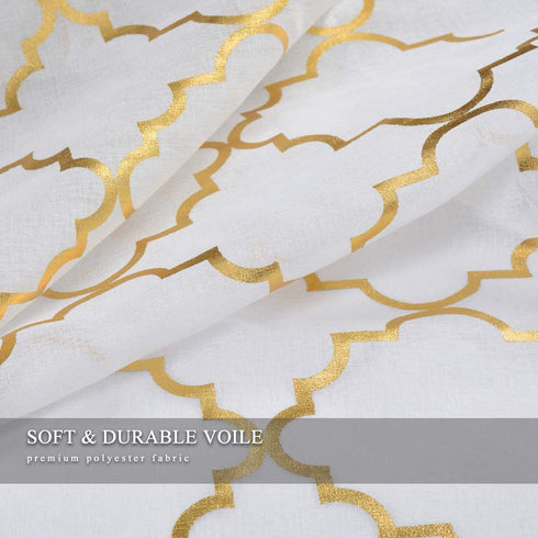 Kotile White and Gold Sheer Curtains for Bedroom - Gold Moroccan Tile Curtain Rod Pocket White Window Curtains 63 Inch Length 2 Panels for Girls Room, W52 x L63 Inches, 1 Pair, Gold White