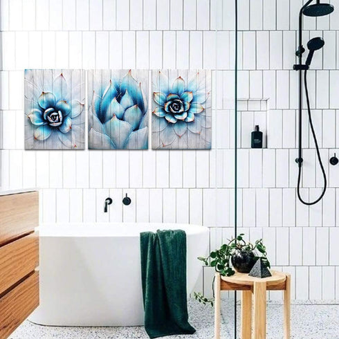 Canvas Wall Art for living room family bedroom Wall Decor modern wall decorations for kitchen Canvas art cactus blue flowers wall pictures Artwork 12" x 16" 3 Piece bathroom Home Decoration painting