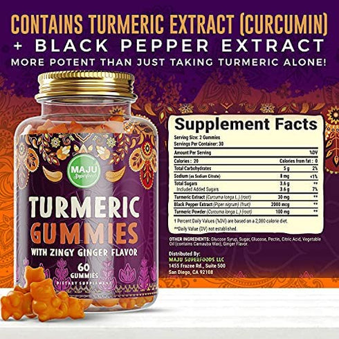MAJU Turmeric Curcumin Gummies 60ct, Zingy Ginger Taste, Black Pepper Extract for Enhanced Absorption and Potency, Use for Joints, Inflammation & Pain Support, Tumeric Gummies for Adults and Kids