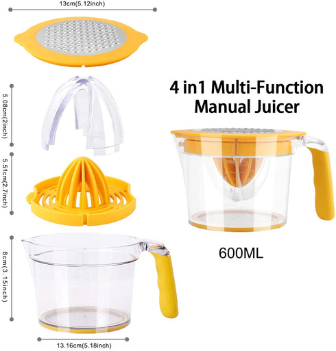 Drizom Citrus Lemon Orange Juicer Manual Hand Squeezer, Fruit Juicer Lime Press with Built-in Measuring Cup and Grater and Egg separator, Non-Slip Silicone Handle, 20OZ