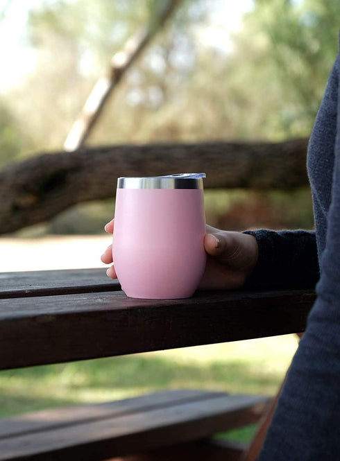 CHILLOUT LIFE Stainless Steel Wine Tumblers 2 Pack 12 oz - Double Wall Vacuum Insulated Wine Cups with Lids and Straws Set for Coffee, Wine, Cocktails (Light Pink)