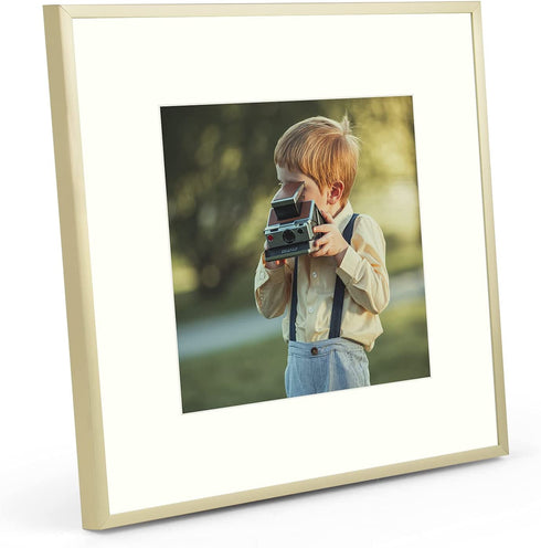 Frametory, 12x12 Metal Picture Frame - Aluminum Thin Molding - Photo Frame with Ivory Color Mat for 8x8 Wall Art & Pre-Installed Mounting Hardware - Real Glass (Gold, 1 Pack)