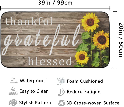Sunflower Wooden Board Kitchen Rugs Anti Fatigue Memory Foam Floor Mat Non-Skip Cushioned Absorbent Kitchen Runner Rug for Entryway Hallway Farmhouse Bathroom Dining Room 39x20 in