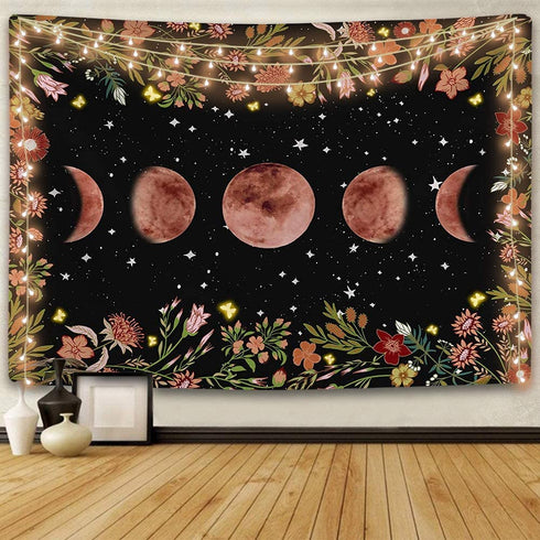 ENJOHOS Moonlit Garden Tapestry Moon Phase Surrounded by Vines and Flowers Black Background Wall Art Hanging for Girls Bedroom Living Room Dorm Decor(79x59 inches,Beautiful Moonlit)