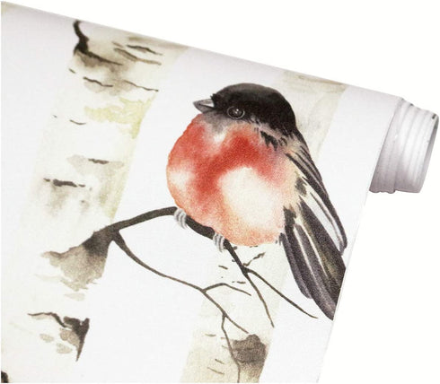 HaokHome 92075 Peel and Stick Forest Wallpaper Birch Tree Birds Mural White/Beige/Grey/Red Removable for Wall Decorations 17.7in x 118in