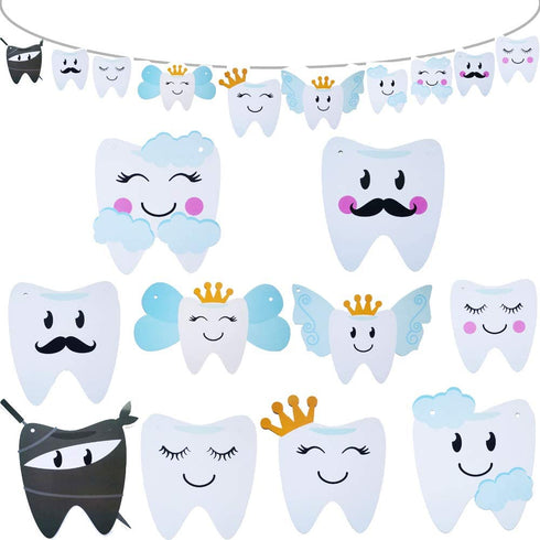 Baby Birthday Decorations Tooth Party Banner for Kids Boys or Girls 1st Birthday Party and Dental Graduation Party Decorations, 10 Different Smilling Tooth Angel Deisgn with Cute Mustache Cloud and Crown, Great for Baby Shower Decorations