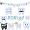 Baby Birthday Decorations Tooth Party Banner for Kids Boys or Girls 1st Birthday Party and Dental Graduation Party Decorations, 10 Different Smilling Tooth Angel Deisgn with Cute Mustache Cloud and Crown, Great for Baby Shower Decorations