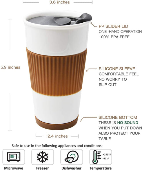 UDMG Ceramic Double Wall Insulated Travel Coffee Cup with Slider Lid, Silicone Sleeve & Built-In Coaster, 10 fl.oz (Coffee)