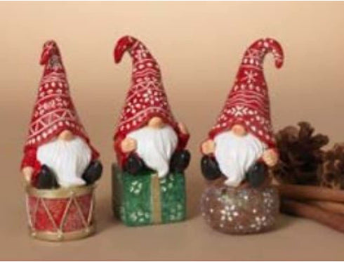 Festive Holiday Sitting Gnome Figurines, Christmas Decoration, 3 Assorted, 5 Inches