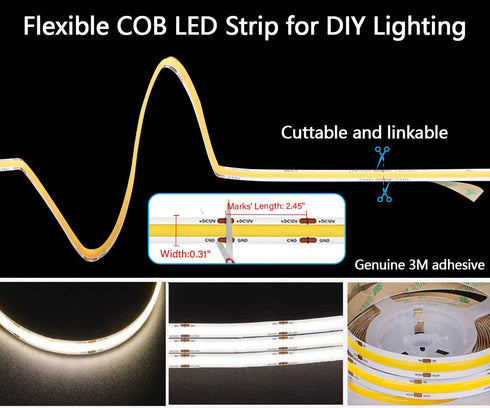 COB LED Strip Lights, 5m/16.4ft Flexible COB Led Light Strip, Daylight 4000K 5500Lm CRI 80+ LED Tape Light , DC24V led Rope Lights for Stage, Home, Cabinet, Kitchen, DIY Lighting
