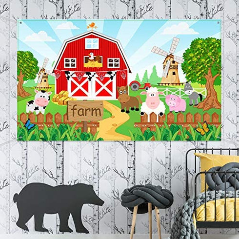 Farm Animals Theme Party Decorations, Farm Animals Barn Door Backdrop Banner for Children Baby Shower Birthday Party Supplies, Farm Animals Scenic Background Photo Booth Banner, 72.8 x 43.3 Inch