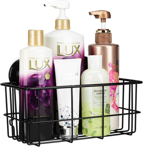 SANNO Adhesive & Suction Shower Caddy, Deep Bathroom Basket Suction Cup Large Shower Caddy Bath Organizer Kitchen Storage Basket for Gel Holder Bathroom Storage Shampoo, Conditioner,Stainless Steel