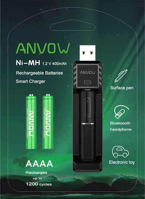 ANVOW Smart AAAA Battery Charger with 2 Counts Rechargeable AAAA Batteries - Ni-MH 1.2V 400mAh 1200 Cycles Surface Pen Active Stylus Rechargables Battery