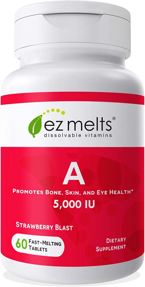 EZ Melts A as Retinol, 5,000 IU, Immune Support, Sublingual Vitamins, Vegan, Zero Sugar, Natural Strawberry Flavor, 60 Fast Dissolve Tablets