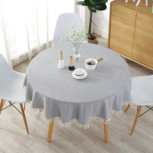 Lahome Solid Color Tassel Tablecloth - Cotton Linen Round Table Cover Kitchen Dining Room Restaurant Party Decoration (Gray, Round - 60")