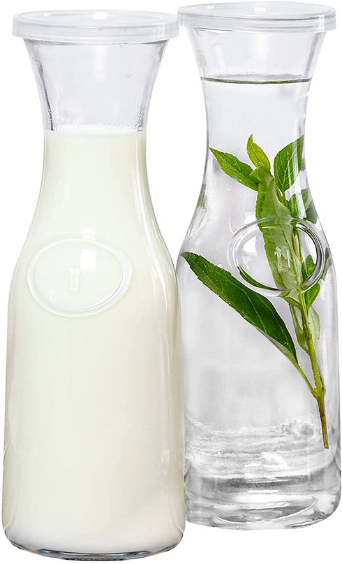 Estilo Glass Carafe Pitcher - Cocktail Beverage & Water Carafe With Lids - Narrow Neck Design, 1 Liter (33oz) Set of 2, Clear