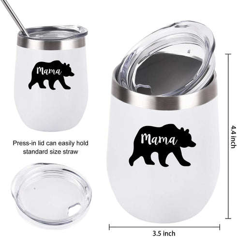 Gingprous Mama Bear, Papa Bear Couple Wine Tumbler Set, Gifts for Couples, New Parents, Pregnancy, New Mom and New Dad, 12 Oz Insulated Stainless Steel Wine Tumbler with Lid(Set of 2, Black and White)