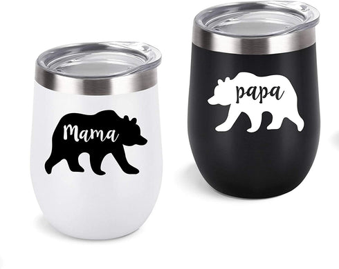 Gingprous Mama Bear, Papa Bear Couple Wine Tumbler Set, Gifts for Couples, New Parents, Pregnancy, New Mom and New Dad, 12 Oz Insulated Stainless Steel Wine Tumbler with Lid(Set of 2, Black and White)