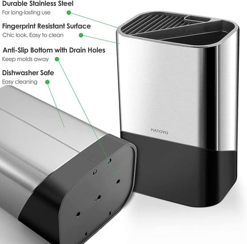 Universal Knife Block without Knives and Utensil Holder for Countertop, Matoyo 2-in-1 Stainless Steel Kitchen Knife Holder for Kitchen Counter, Fingerprint Resistant (Knife/Utensil Holder Silver)