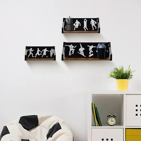 Calenzana Sports Floating Shelves Set of 3, Rustic Wooden Wall Shelf for Boys Men Room Bathroom Bedroom Living Room Decor, Black