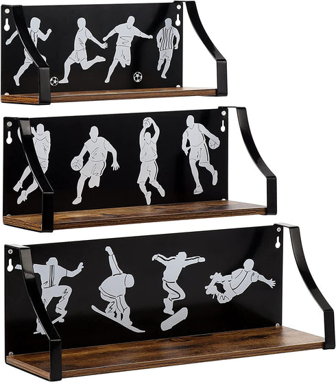 Calenzana Sports Floating Shelves Set of 3, Rustic Wooden Wall Shelf for Boys Men Room Bathroom Bedroom Living Room Decor, Black