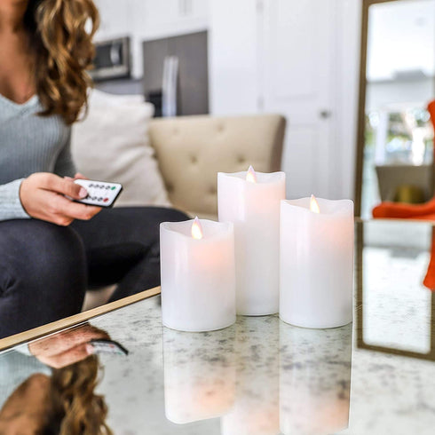 Flameless Candles,flameless Battery Candlestick, Battery Remote Control Candles, LED Candles 3 Piece Set 4" 5" 6" H (3.25" D) Flash Flame with Remote Control and timed,Indoor Outdoor Use,White