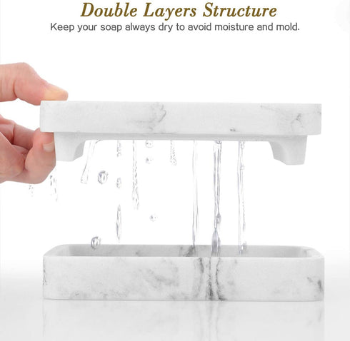 MoKo Soap Dish, Dual-Layer Resin Bar Soap Tray Container Box Case Holder with Detachable Slotted Draining Board Small Tray for Bathroom Kitchen Shower Bathtub Sinks Counter-top - White Marble