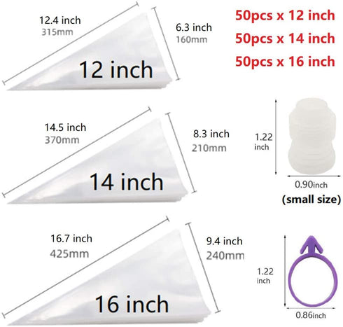 ANSLYQA 166 Pcs Pastry Piping Bags Kit with 150PCS 3 Sizes (12"+14"+16") Extra Thick Disposable Icing Bags,10 Couplers and 6 Frosting Bag Ties for Baking Cupcakes Cookies Cake Decorating Supplies