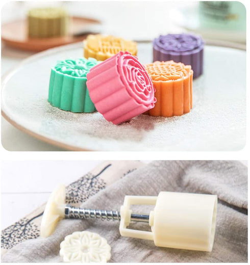 Moon Cake Mold 6 PCS, Mid Autumn Festival DIY Hand Press Cookie Stamps Pastry Tool Moon Cake Maker, Flower Mode Patterns 1 Mold 6 Stamps 50g (White).