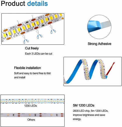 Tesfish 12V LED Strip Lights, 240 LEDs / M, Total 1200 LEDs Natural White 4000K 16.4 ft LED Light Strip 2835 IP20 LED Tape Lights Super Bright for Bedroom, Shelf Kitchen Decoration