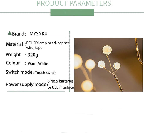 MYSNKU DIY Led Desk Tree Lamp, Desk Table Decor 36 Pearl LED Lights for Home,Bedroom, Indoor,Wedding Party,Decoration Touch Switch Battery Powered or USB Adapter (Nordic)