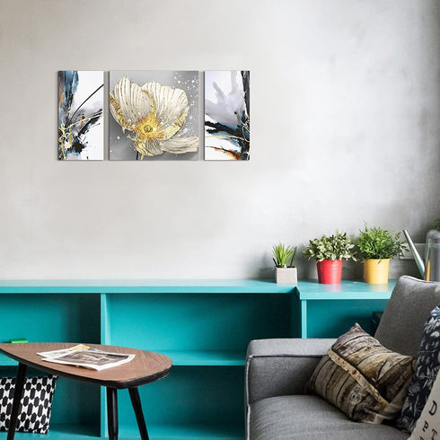 Modern Abstract Canvas Wall Art for Home Office Living Room Decoration Gold Floral Painting Artwork Lotus Flower Picture Giclee Print on Linen Canvas Blue Grey Artistic Ready to Hang 3 Pieces Per Set