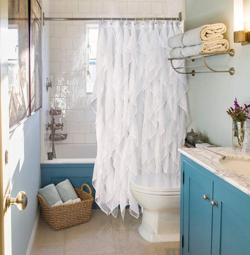 Reisen White Ruffle Shower Curtain Fabric / Cloth Farmhouse Bathroom Sheer Shower Curtain, 72in Long