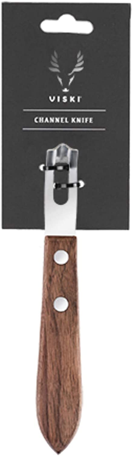 Viski Channel Knife, Cocktail Garnish Citrus Zester, Walnut Wood & Stainless Steel Bar Tool with Rivets, Set of 1, Brown