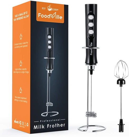 FoodVille MF02 Rechargeable Milk Frother Handheld Foam Maker with Stainless Whisk for Cappuccino, Latte, Bulletproof Coffee, Keto Diet, Protein Powder, Matcha