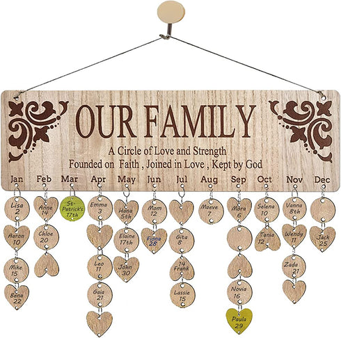 Wellinc Gifts for Mom Dad from Daughter Son - Wooden Family Birthday Tracker Calendar Board, OUR FAMILY Sayings Patter, Important Dates Reminder Plaque Wall Hanging for Birthday/Christmas Gift