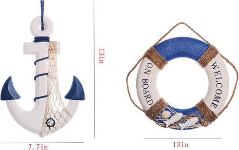 2 Pack 13" Nautical Beach Wooden Ship Anchor and 10 " Nautical Life Ring Wall Beach Decor , Nautical Theme Home Decoration (Dark Blue)