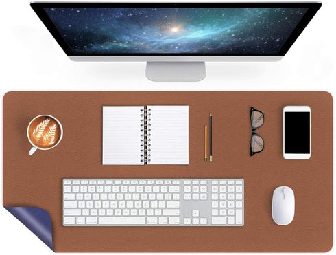 Office Desk Pad Protector Mouse Pad 17 X 34 Inch Desk Blotter Pad on Top of Writing Desks Waterproof PU Leather Desk Mat Desktop Accessory Organizer for Computer Laptop Keyboard Dual-Sided Brown/Blue
