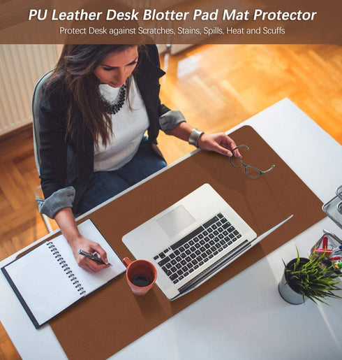 Office Desk Pad Protector Mouse Pad 17 X 34 Inch Desk Blotter Pad on Top of Writing Desks Waterproof PU Leather Desk Mat Desktop Accessory Organizer for Computer Laptop Keyboard Dual-Sided Brown/Blue
