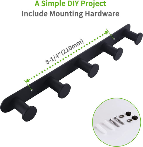 Towel Hook Rack Matte Black, Angle Simple SUS304 Stainless Steel Bathroom Hook Rail 5 Hooks, Utility Kitchen Towel Holder, Wall Mount