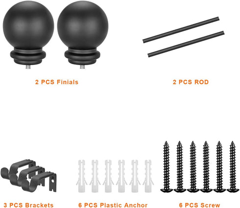 Yun Nephele Adjustable Window Curtain Rods 36-72 inches Matte Black, Classic Ball Finial Design Curtain Rod Set, Single Metal Iron Drapery Rod, 1 inch Heavy Duty Curtain Rod