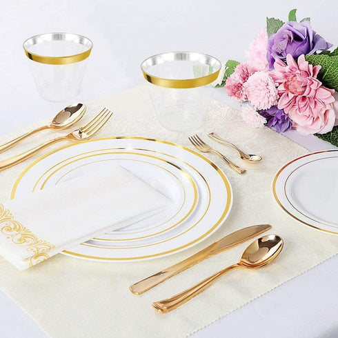 100 Plastic Cups 9 Oz Gold Plastic Cups Old Fashioned Tumblers Gold Rimmed Plastic Cups for Party Decorations Disposable Clear Plastic Cups for Wedding Cups Elegant Party Cups
