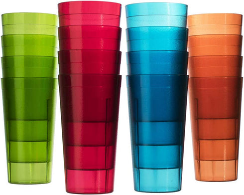 Cafe Break-Resistant Plastic 20oz Restaurant-Quality Beverage Tumblers | Set of 16 in 4 Assorted Colors.