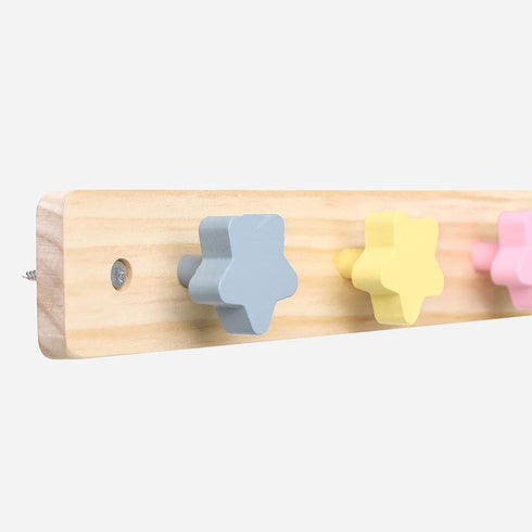 WonderBee Wooden Coat Hanger Rack Wall Mounted 14" - Natural Pine Wood, 4 Star Shaped Pegs, Rounded Corners, Predrilled Mounting Holes for Easy Install. Decorative For Kid's Bedroom, Bath, Living Room