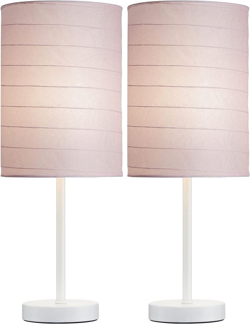 PORTRES 18.75'' Traditonal Accent Table Lamp Set of 2 for Bedroom Desk Lamps for Living Room Kids Room Study Room Office Rustic Decor Nightstand Rice Paper Lamps( White& Pink)